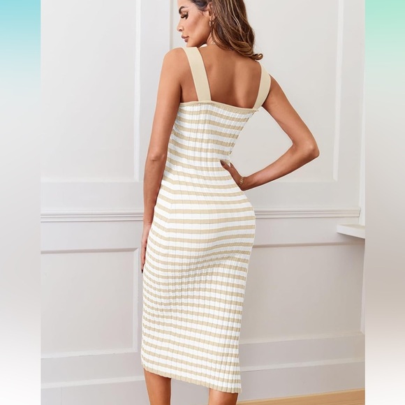 Women’s Stripped Knit Bodycon Square Neck Side Splint Tank Midi Dress - Picture 3 of 7